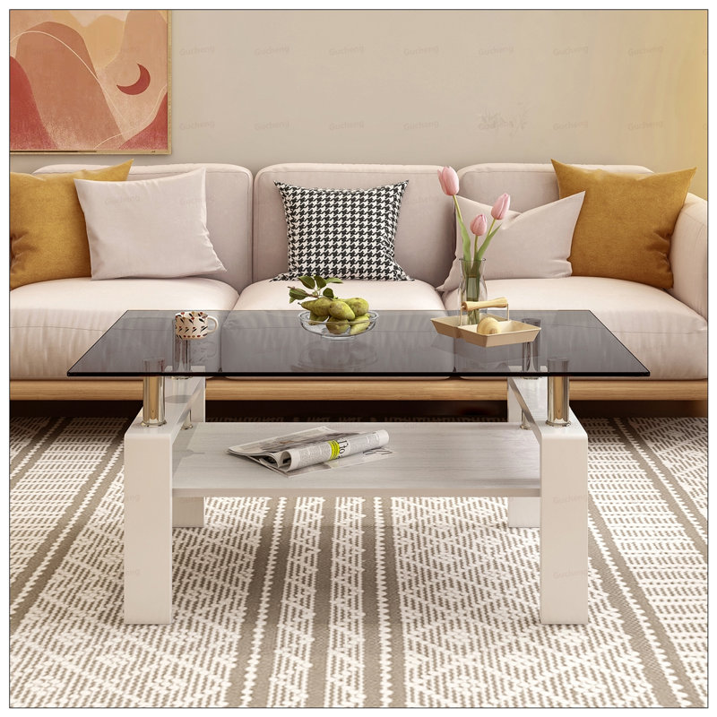 Table basse moderne moderne avec plateau en verre trempé et rangement en panneau de fibres à densité moyenne, transparente et durable pour les salons