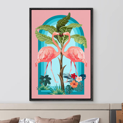 Adolescents lumineux, fleurs tropicales, flamant rose