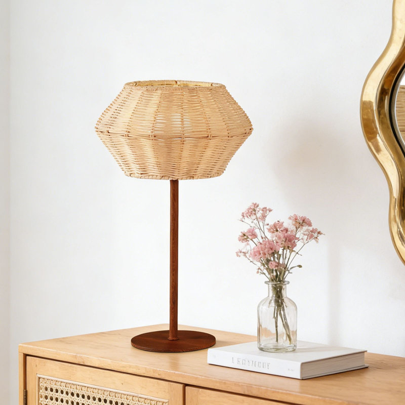 15.75’’H Vintage Woven Rattan Table Lamp with Long-lasting Rechargeable Bulb