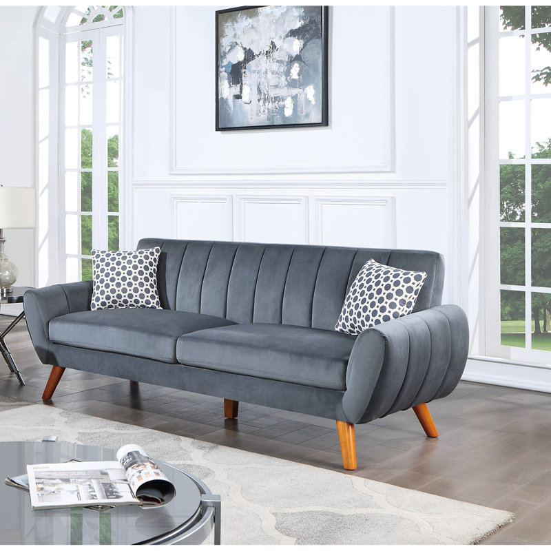 Canapé moderne en velours gris foncé: 2 avec coussins et capitonnage vertical pour la maison 2 en velours: contemporain