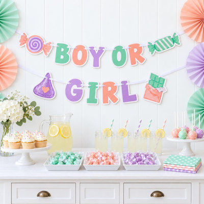 Unwrap the Surprise Gender Reveal Banner, Boy or Girl Wrapped Candy Garland, Mint Peach Lavender Cardstock Party Decor