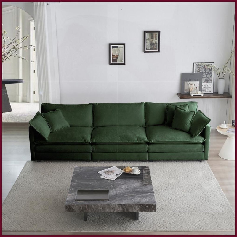 Canapé de salon Mid-Century moderne en chenille 3 places avec 5 coussins - Canapé de salon vert avec structure en bois massif
