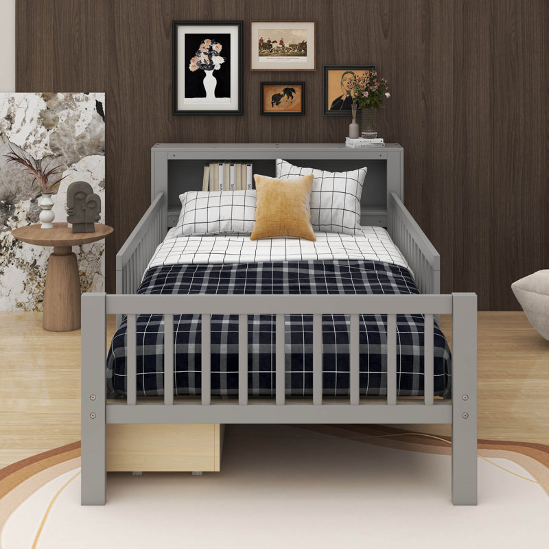 Lit simple avec support de tête de lit, deux tiroirs sous le lit, trois barrières de sécurité pour plus de sécurité, gris
