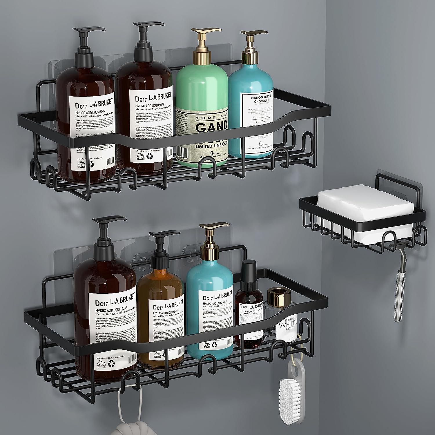 Shower Caddy, Adhesive Organizer 3 Pack, Drilling Shelf Basket, Rustproof  Rack with Soap Holder, Shelves for Inside Bathroom Kitchen Storage (Black)