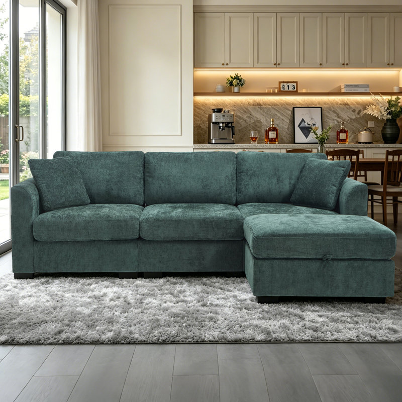Green Chenille Sectional Sofa,Couch with Storage Ottoman and USB Charge Ports, Green Chenille