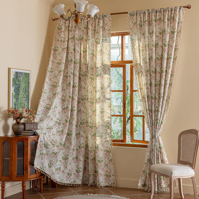 Ensemble de 2 rideaux en polyester à imprimé floral (ensemble de 2), L 52 po x L 63 po, Blanc rétro