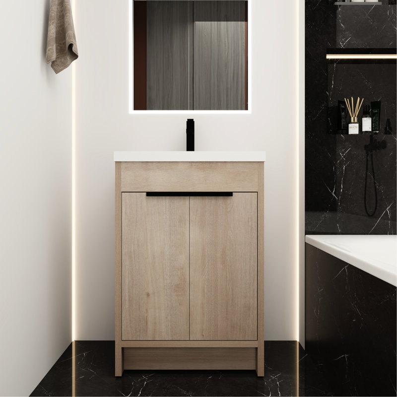 Armoire de salle de bain autoportante de 24 pouces avec lavabo en résine et portes à fermeture douce - meuble-lavabo moderne 24 po