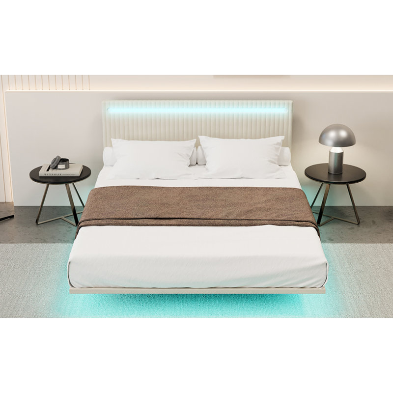 Grand lit moderne grand, beige, sans sommier, tête de lit réglable, lumières à DEL, revêtement en velours, beige flottant