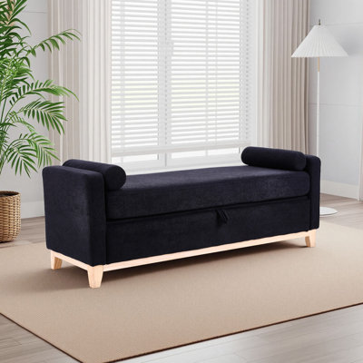 Banc rembourré moderne de 66 pouces avec coussins à double extrémité Grand compartiment de rangement intégré Revêtement en tissu de peau de mouton Pieds en grain de bois massif Banc multifonctionnel Repose-pieds Canapé-lit Banc de rangement adapté au salon