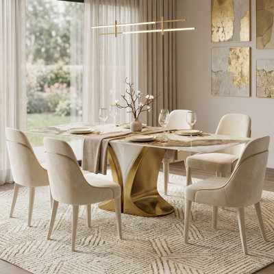 70.9'' Rectangluar Dining Table for 4-6 People, Luxury Dining Room Table with Faux Marble Tabletop and Glod Metal Base, Modern Kitchen Table for Home Living Room(Table Only)