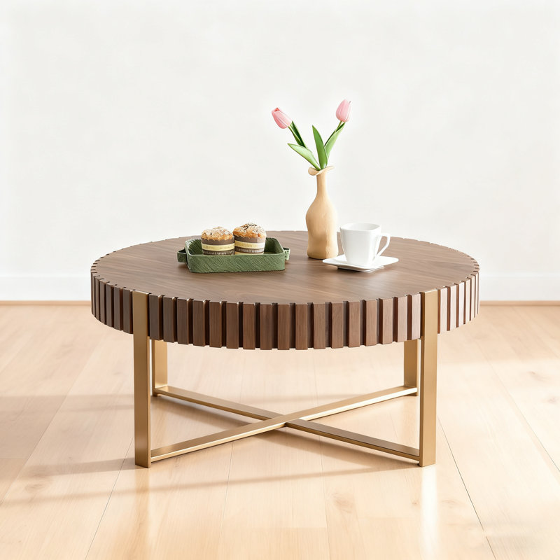 Modern Handcraft Drum Coffee Table With Sturdy Pedestal , Versatile For Any Room., Walnut, Golden