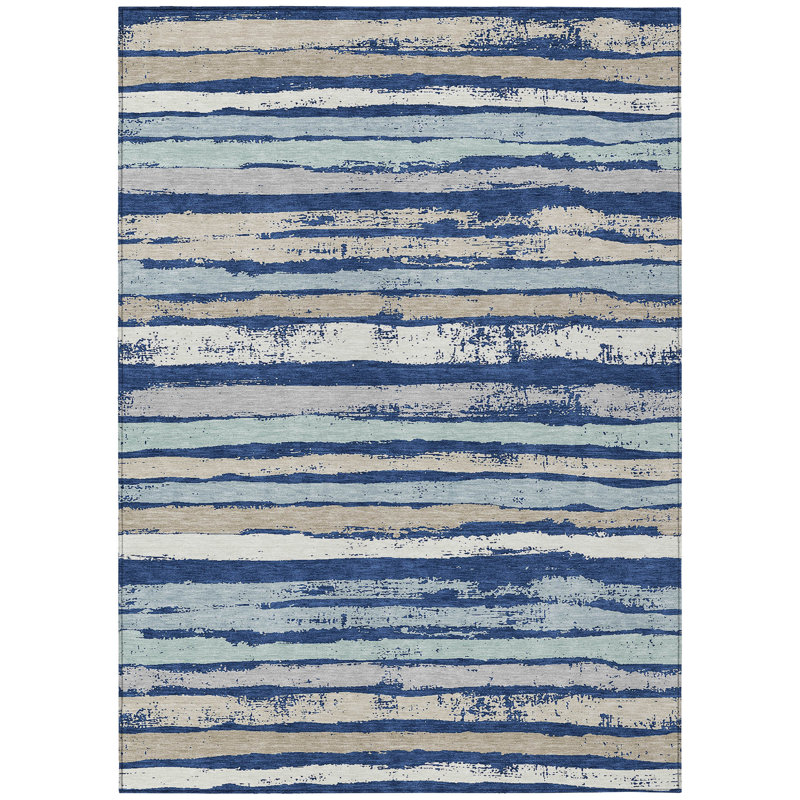 Navy and Beige Striped Synthetic 8' x 10' Washable Rug