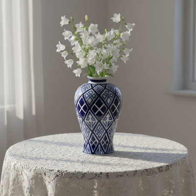 Vase en céramique géométrique bleu et blanc, vase décoratif chinois et bleu pour décor de table