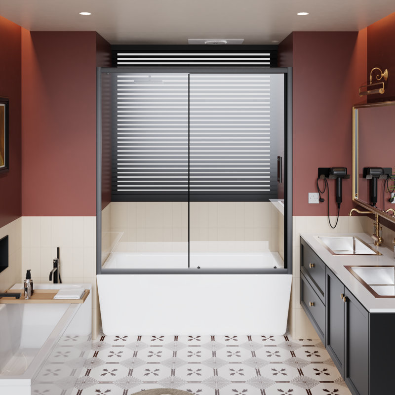 60.In W X 62.In H Single Sliding Shower Door For Bathtub, 1/5 Inch Thick Clear Tempered Glass Shower Door With Stainless Steel Handle, Black