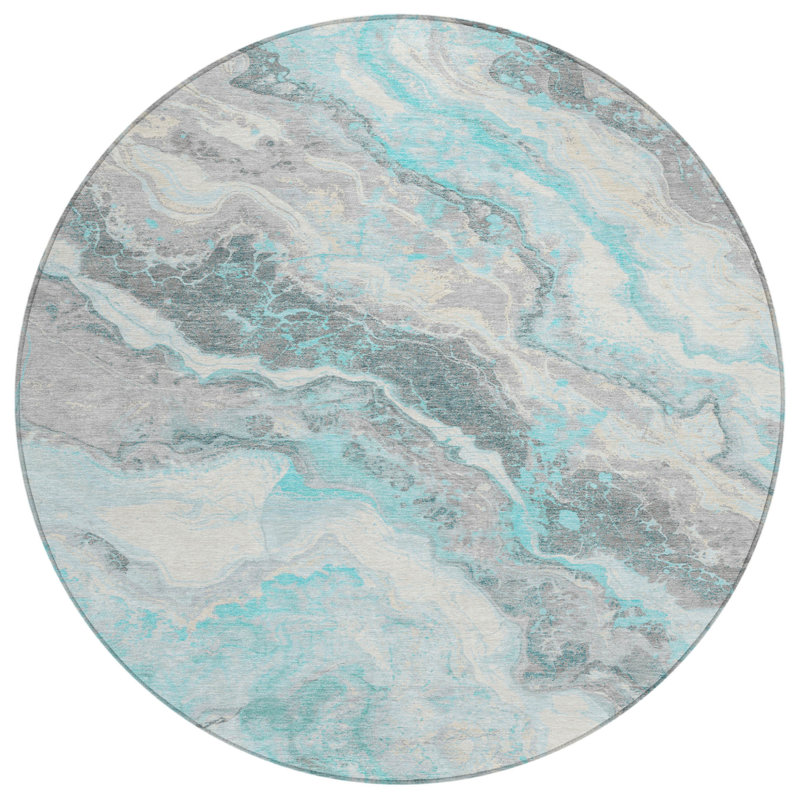Tapis extérieur rond lavable abstrait bleu sarcelle et argenté 8 pi Fagundes