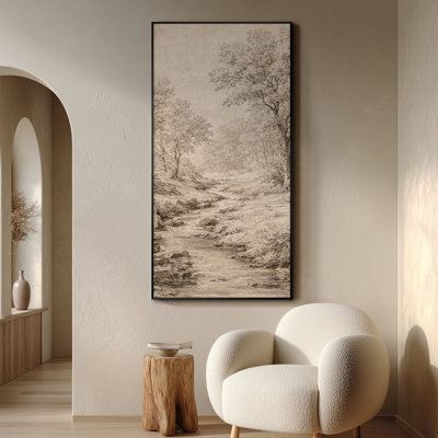 Très grand art mural imprimé sur toile - Croquis à l'encre sépia, paysage de forêt avec ruisseau doux traversant des arbres boisés pour le salon ou la chambre à coucher - «Assemblage requis du cadre (cadre non fini)»