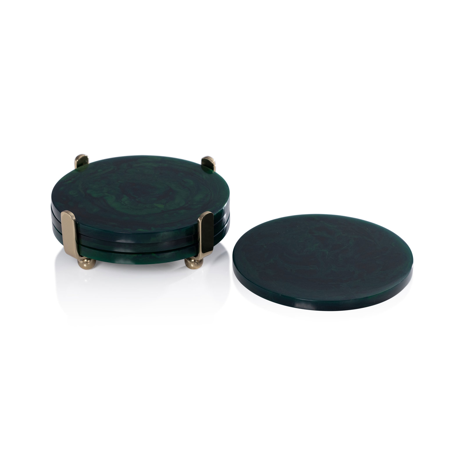 Gomez 4-Piece Set Coasters on Stand, Green w/ Gold Stand