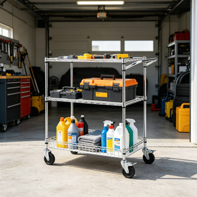 3-Tier Rolling Utility Cart, Heavy Duty Carbon Steel Storage Cart With Adjustable Shelves, 661 LBS Capacity, 4 Inch Rubber Casters, 30D X 18W X 35H, For Kitchen Garage Office