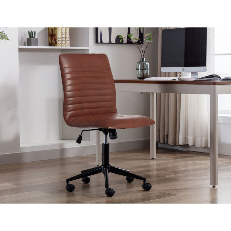 Barnhard Faux Leather Armless Task Chair with Steel Roller Base, Brown