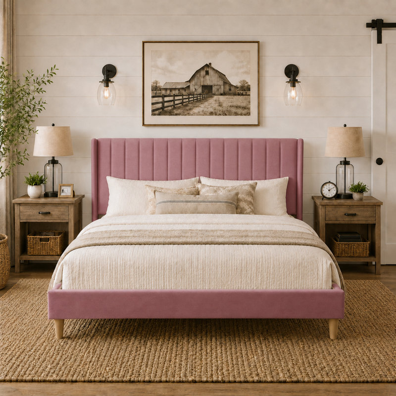 Lit plateforme tapissier avec tête de lit à oreilles Eriksay, Très grand, Velours rose
