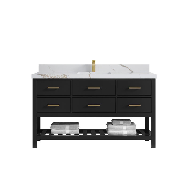 Parker 60 In. W X 22 In. D Single Sink Bathroom Vanity In Black With 2 In., Calacatta Gold