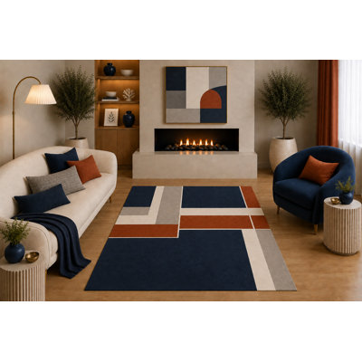 "Ultra Lightweight"  5' x 7' Modern Geometric Area Rug Navy Blue Rust Gray Cream Abstract Linear Design for Living Room Bedroom Dining Room Office Non-Slip Silicone Backing Low Pile
