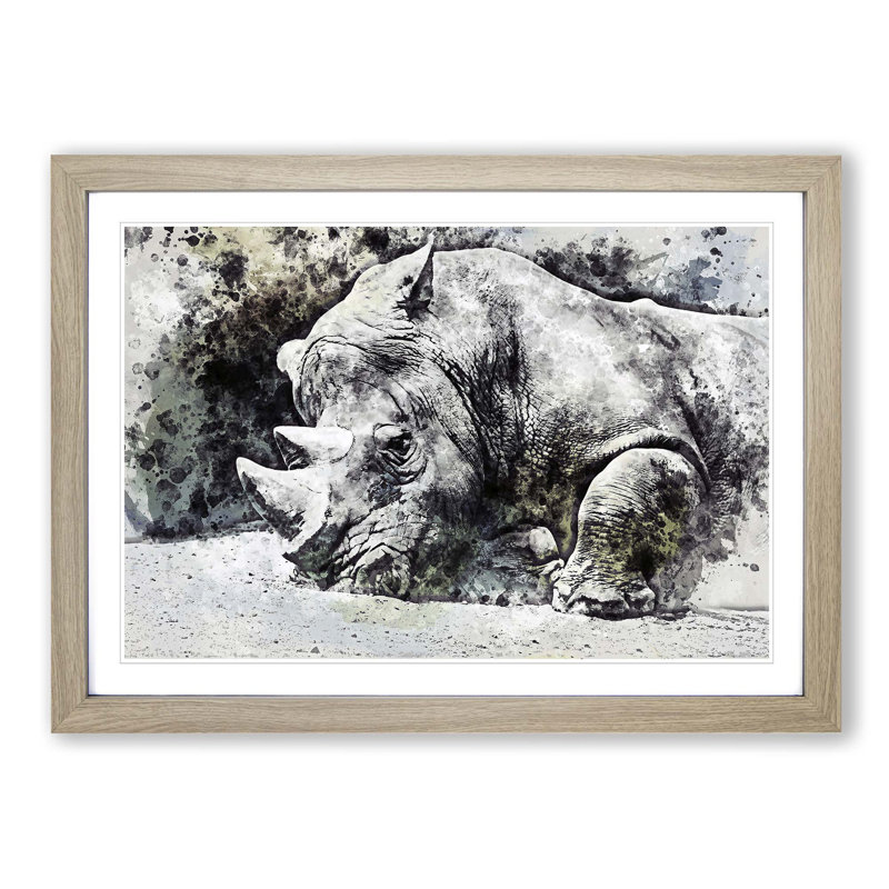 Resting Rhino in Abstract - Picture Frame Painting Print on MDF, Oak Framed, 48cm H x 65cm W x 2cm D