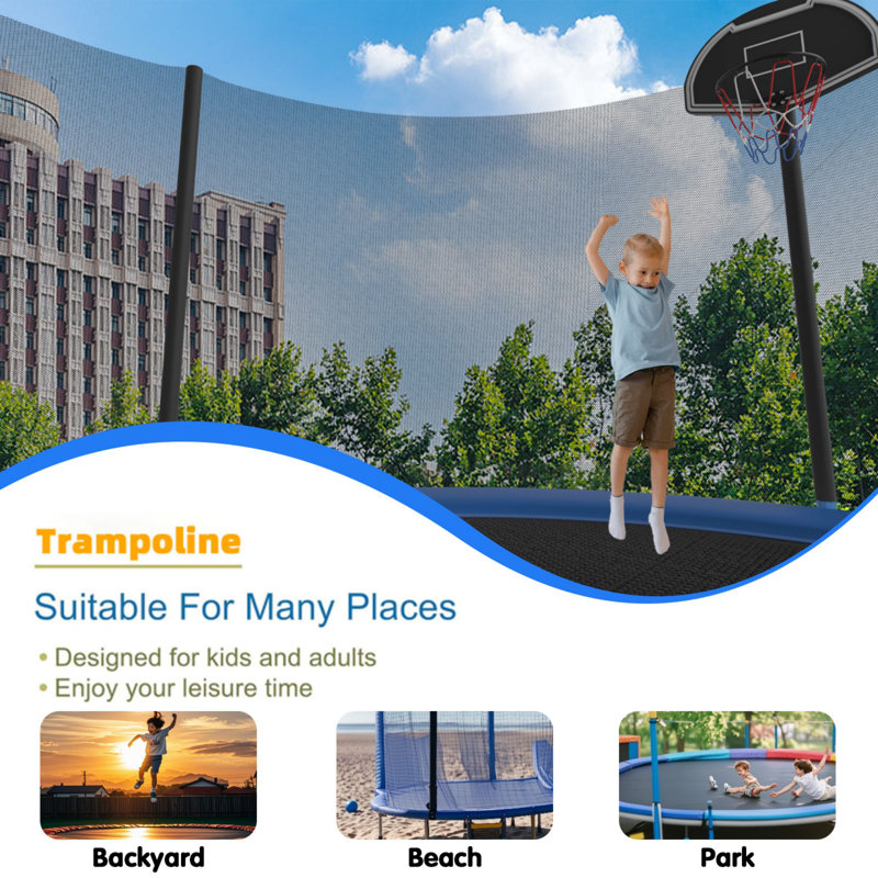 Blue 14FT Round Trampoline with Enclosure and Basketball Hoop
