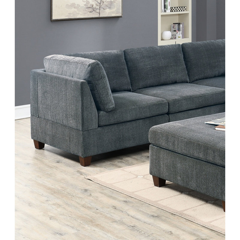 Contemporary Grey Chenille 6pc Living Room Sectional , Contains 3x Corner Sofas, 2x Armless Chairs And 1x , Soft Texture Chic With Wedge, For Style