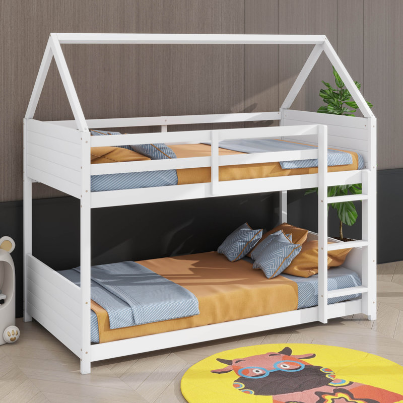 Twin Over Twin House-Design Floor Bunk Bed Complete With Head And Foot Panels, White