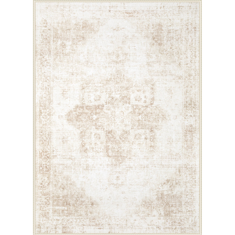 Tapis lavable boho 10 pi x 14 pi à motif de médaillon lavable et antidérapant à poils longs pour le bureau de la salle à manger, beige