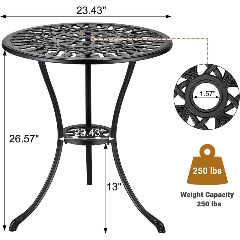 Bureau de conversation en fonte d'aluminium avec trou pour parasol, 23,6 po