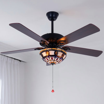 52" Vintage Tiffany-Style Stained Glass Ceiling Fan With Remote Control, 6 Speeds, Reversible