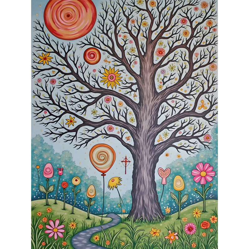 «Whimsical Bloom» - Arbre mural ludique et art floral sur toile, H 32 po x l 24 po