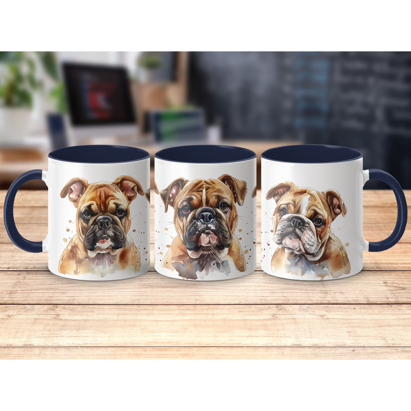11oz Watercolour English Bulldog Trio Design Coffee Mug, 2