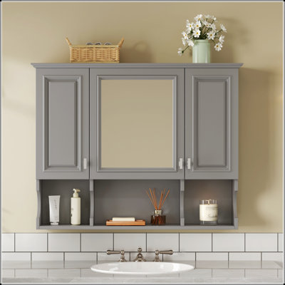 Armoire à pharmacie murale 35 po x 28 po avec miroir et tablettes ouvertes, solution de rangement moderne pour petits espaces