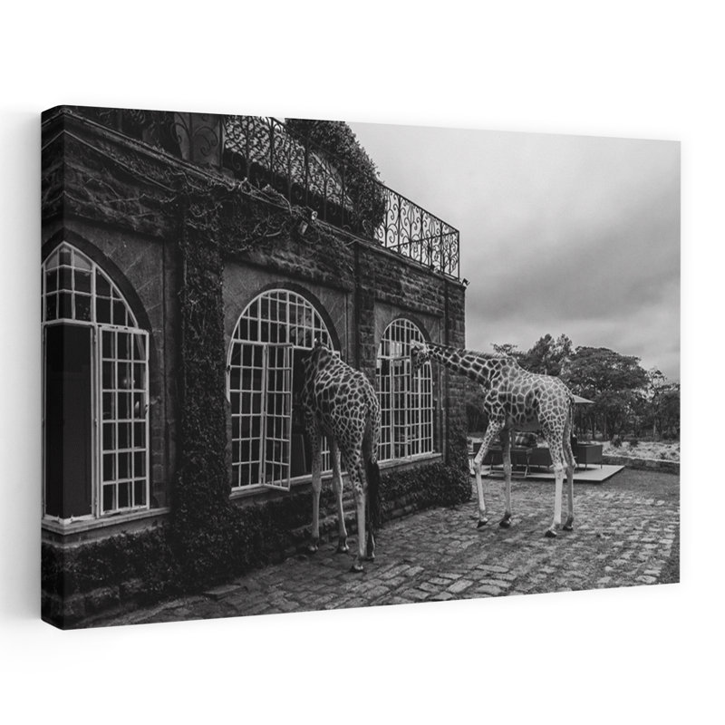 Giraffes At The Window Elegant Contemporary Giraffe Architecture Nature Wall Art Print 1 Piece Wrapped Canvas Wall Art