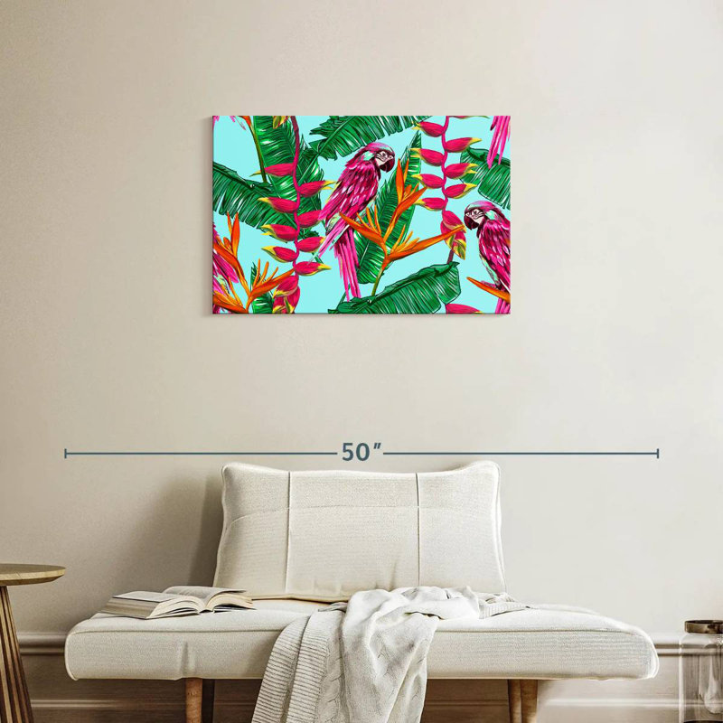 Brampt, plantes tropicales et oiseaux exotiques, H 20 po x l 30 po