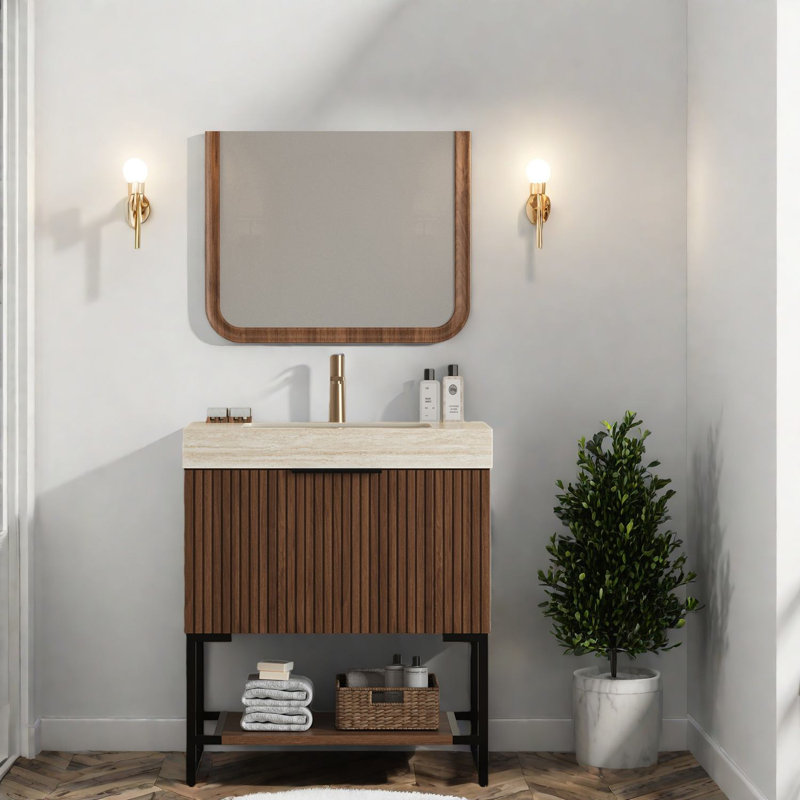 Meuble-lavabo de luxe avec évier 30 po, plateau en pierre frittée noyer foncé