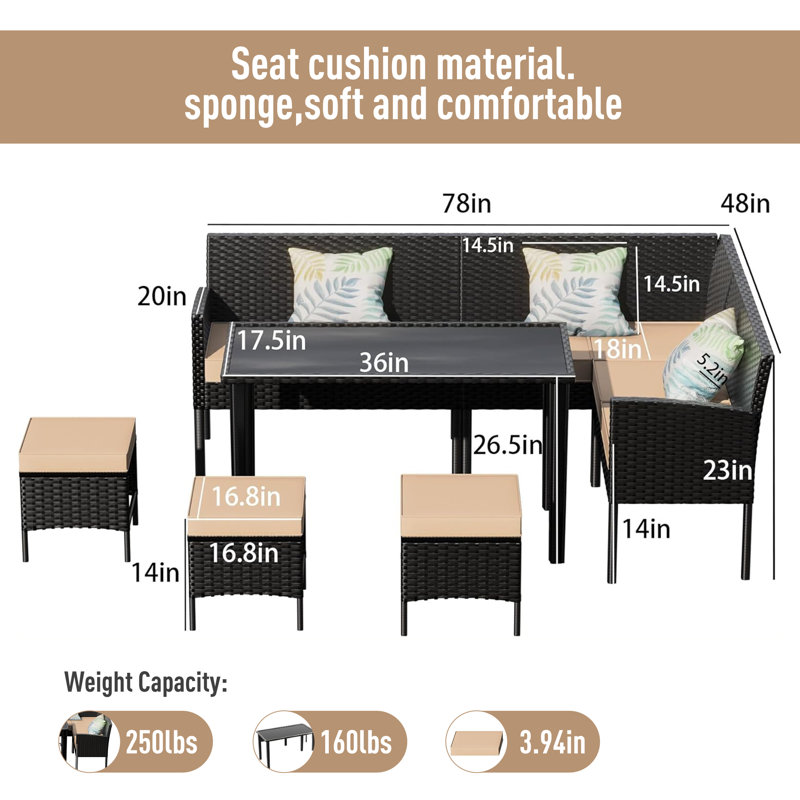 7-Piece Comfort Outdoor Set for Small Areas - Breathable Cushions & All-Weather Rattan, Khaki