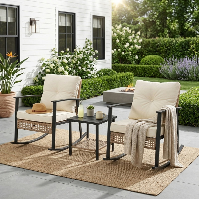Ensemble bistro extérieur Yardgrace 3 pièces avec coussins et table basse à 2 niveaux, Beige