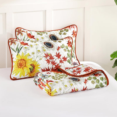 3 Pieces Sunflower Botanical Quilt Set Soft Lightweight Microfiber Floral Beding Set with Pillow Shams for All Season