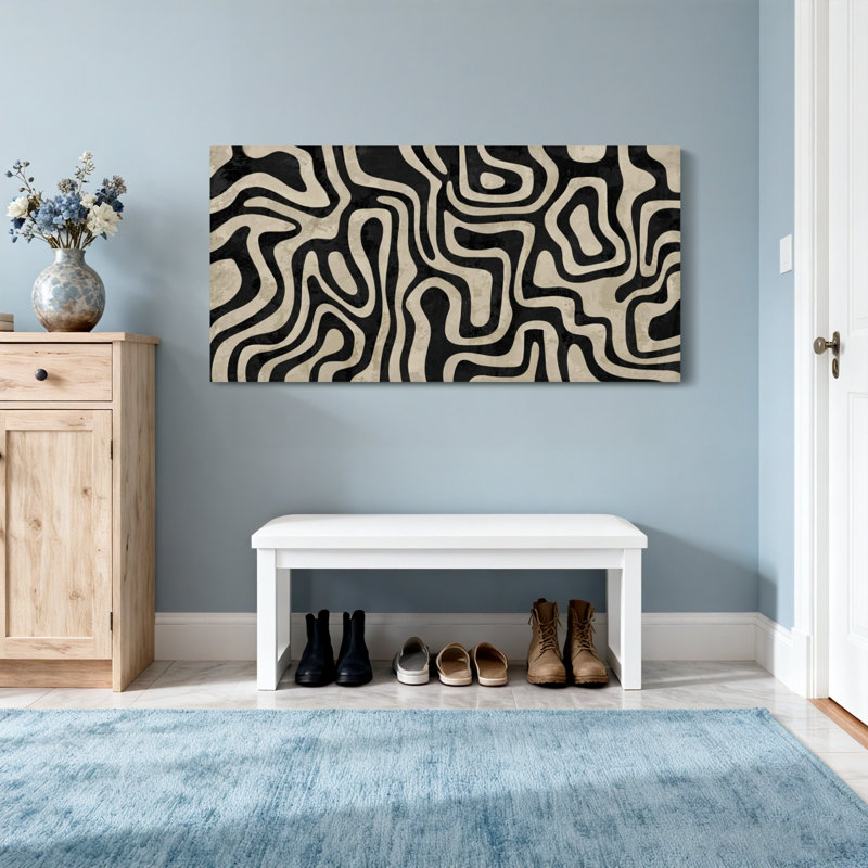 Motif de lignes ondulées noires et blanches à la mode, H 16 po x l 32 po
