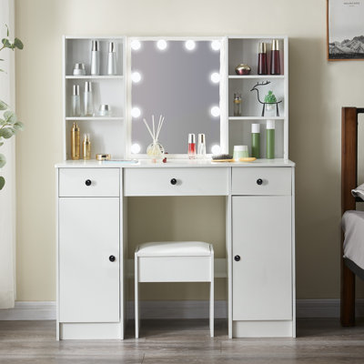 Makeup Vanity Set With 2 Cabinet, Adjustable Brightness, Vanity Desk With Mirror And Lights For Bedroom