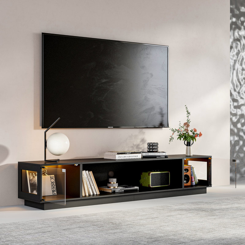 78.7'' Modern TV Stand With Tempered Glass Doors And Adjustable LED Lights, USB Powered, MDF Frame