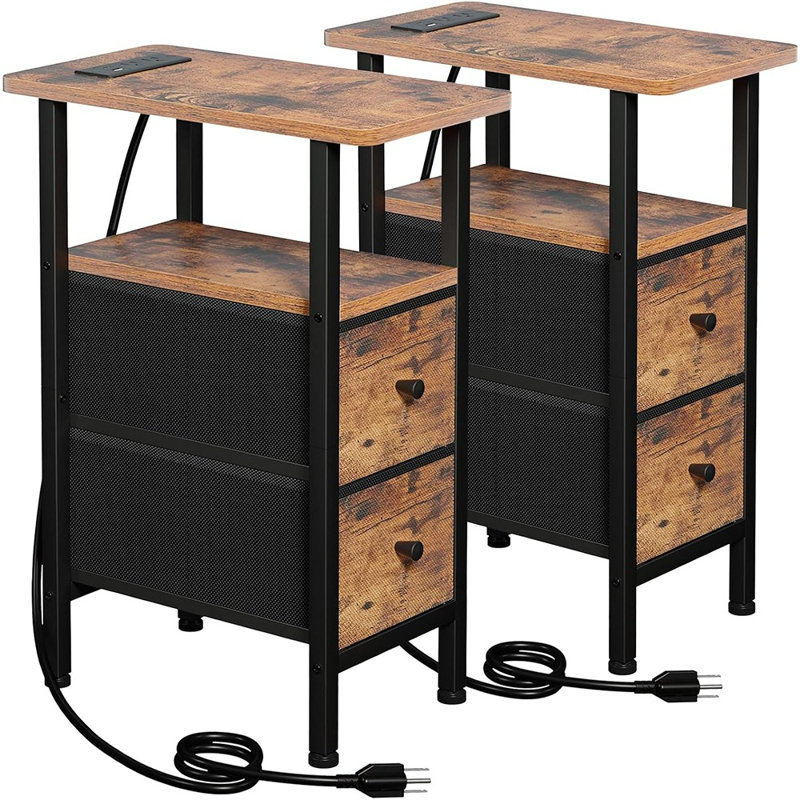 Ensemble de 2 tables d'appoint étroites avec station de recharge, tables de chevet minces avec tiroirs en tissu, tablette de rangement pour salon, chambre et petits espaces, brun