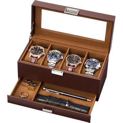 4-Slot Watch Case for Men, Mens Jewelry Box with Glass Lid, Gift for Him -Espresso