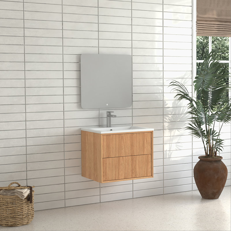 Ensemble de meuble-lavabo flottant 24 po, armoire de salle de bain murale en bois massif avec 2 tiroirs de rangement, lavabo intégré en résine blanche