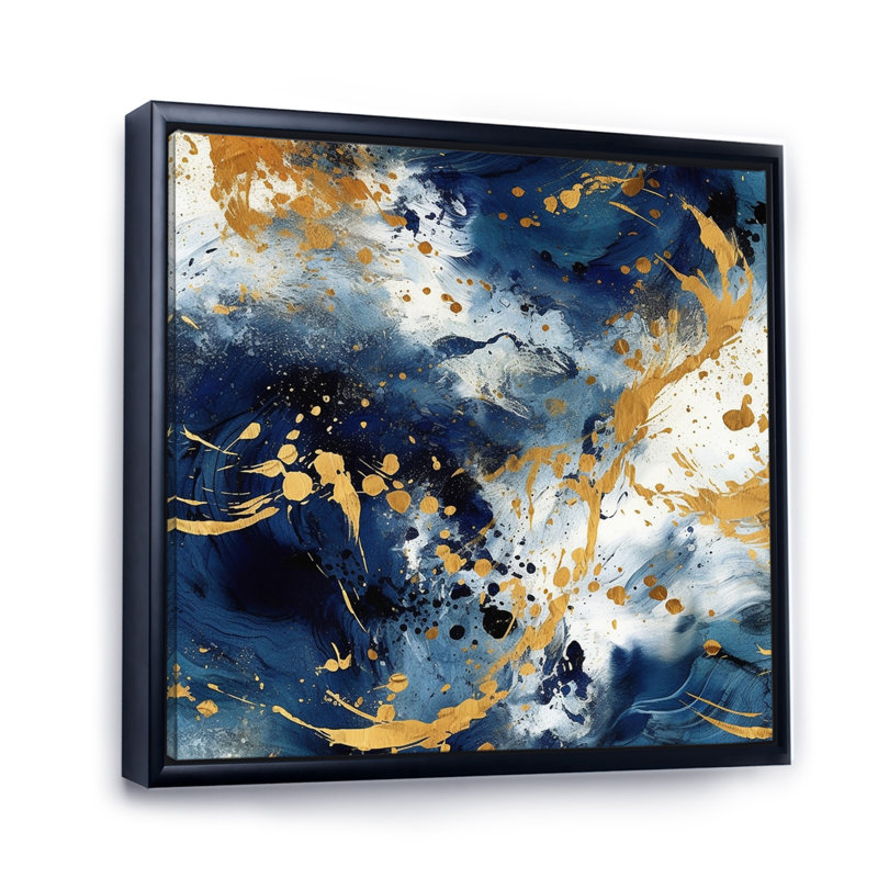 Bleu foncé et or abstrait X - Collages abstraits, impressions sur toile, 16" H x 16" W, Cadre flottant noir
