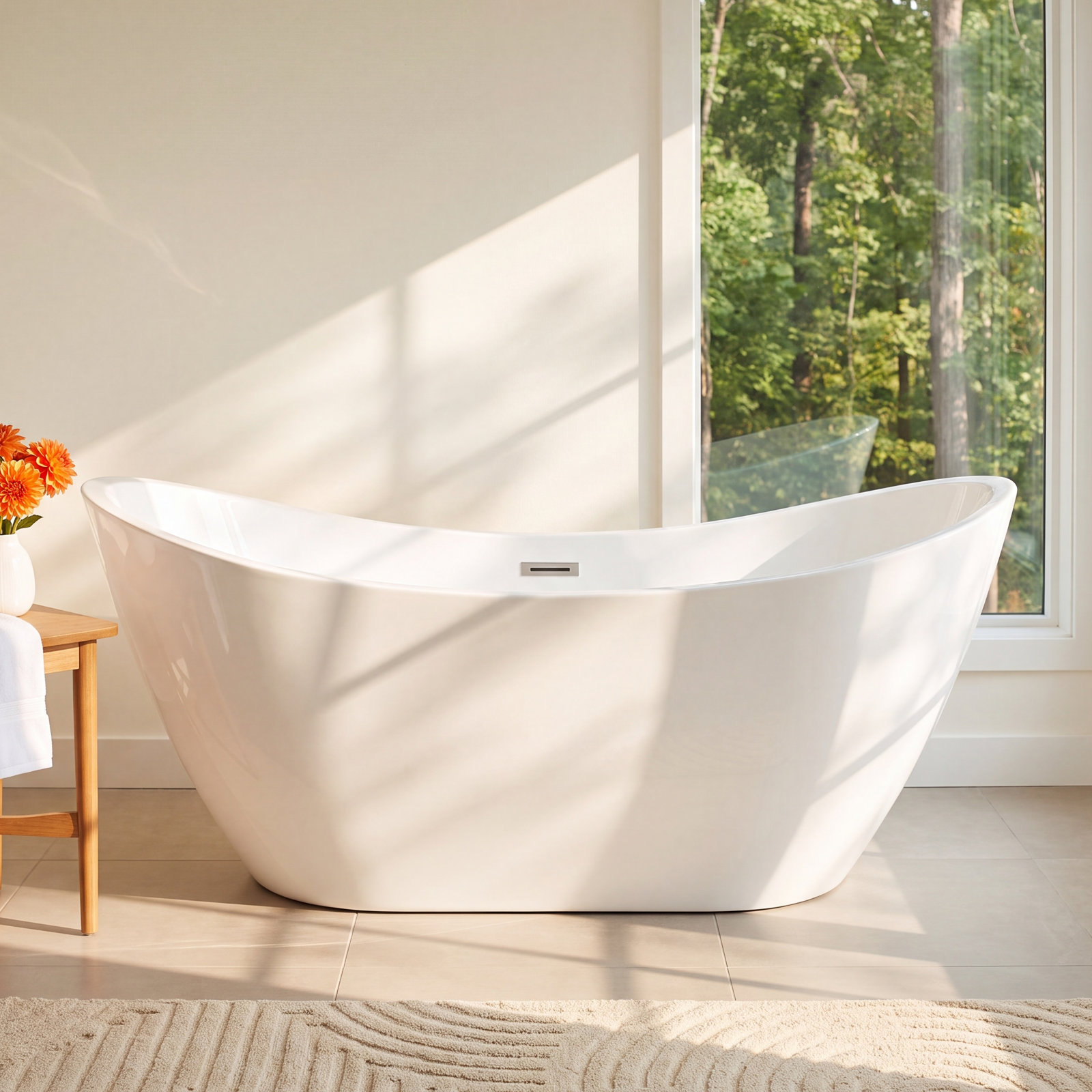 Ophelia 71" Freestanding Soaking Acrylic Bathtub, White/Brushed Nickel